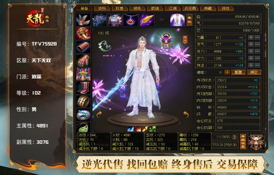 【TFV75928】 | 逍遥 | 等级:102 | 主属性:4891 | 副属性:3076 | 男 | 主火攻