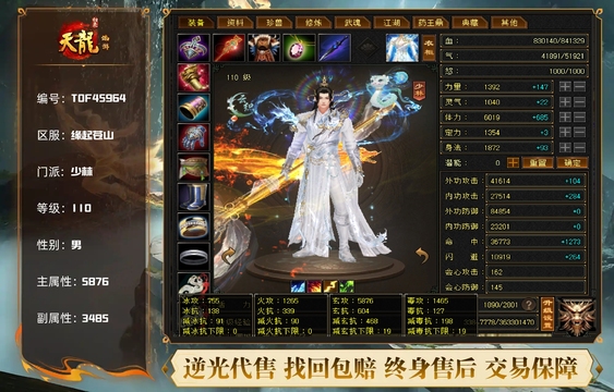 【TOF45964】 | 少林 | 等级:110 | 主属性:5876 | 副属性:3485 | 男 | 主玄攻