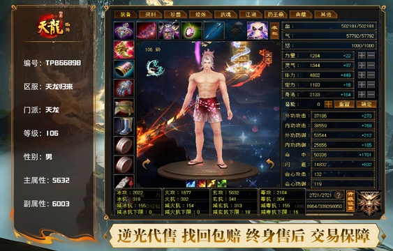 【TPB66898】 | 天龙 | 等级:106 | 主属性:5632 | 副属性:6003 | 男 | 主玄攻